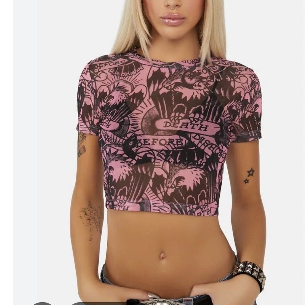 Ed Hardy DBD Eagle Pink Cropped Power Mesh Top Short Sleeve Y2K Tattoo Print S